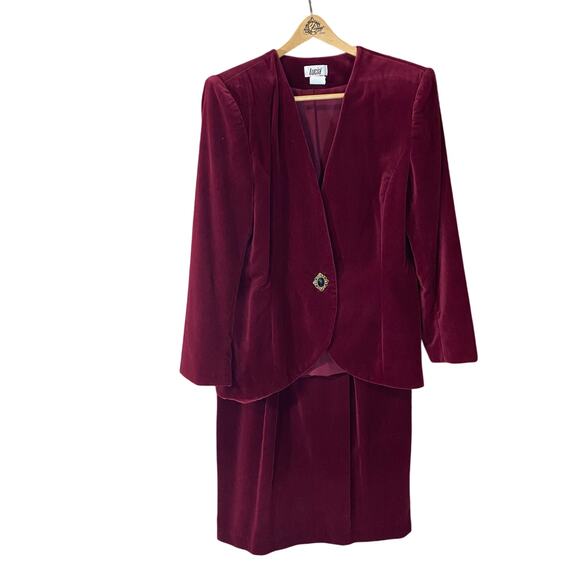 Vintage Lucia Burgundy Velvet Skirt Suit Blazer & Skirt Set Made in USA 18 - Picture 1 of 10